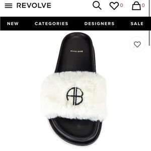 ANINE BING Britt logo embroidered faux fur slides Size 6